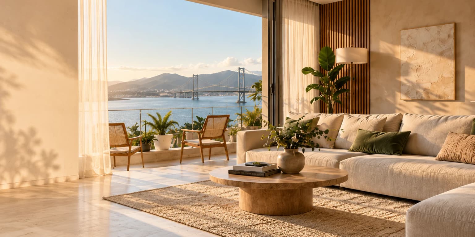 Ambiente ilustrativo em tons naturais, com sofá de linho e vista para a baía de Florianópolis